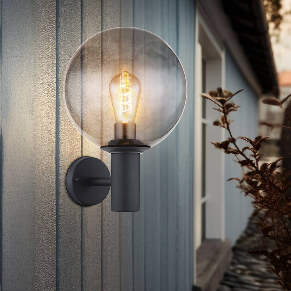 Außenlampe Edelstahl Wandleuchte Außen E27 Terrassenlampe Außen anthrazit, Glas rauch, 1x E27, LxBxH 26,5x25x37 cm