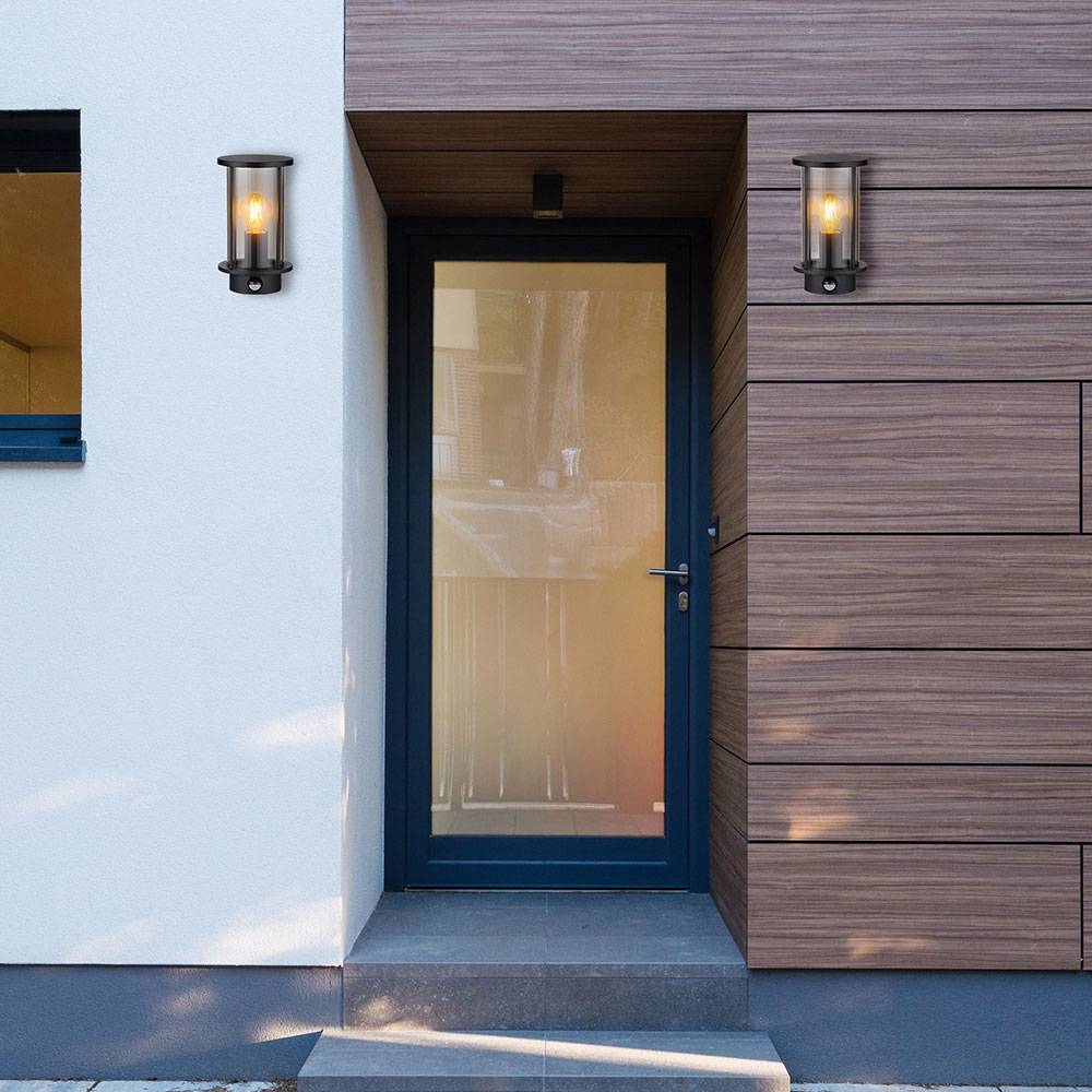 Wandleuchte Außenlampe Fassadenleuchte Bewegungsmelder Glas Rauch Edelstahl Gartenleuchte, 1x E27, HxB in cm: 25,2x14,3