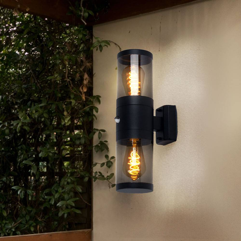 Außenleuchte Wandlampe mit Bewegungsmelder Gartenleuchte Fassadenleuchte, Up and Down Strahler, Edelstahl, schwarz rauch, 2x E27, DxH 10,2x42 cm