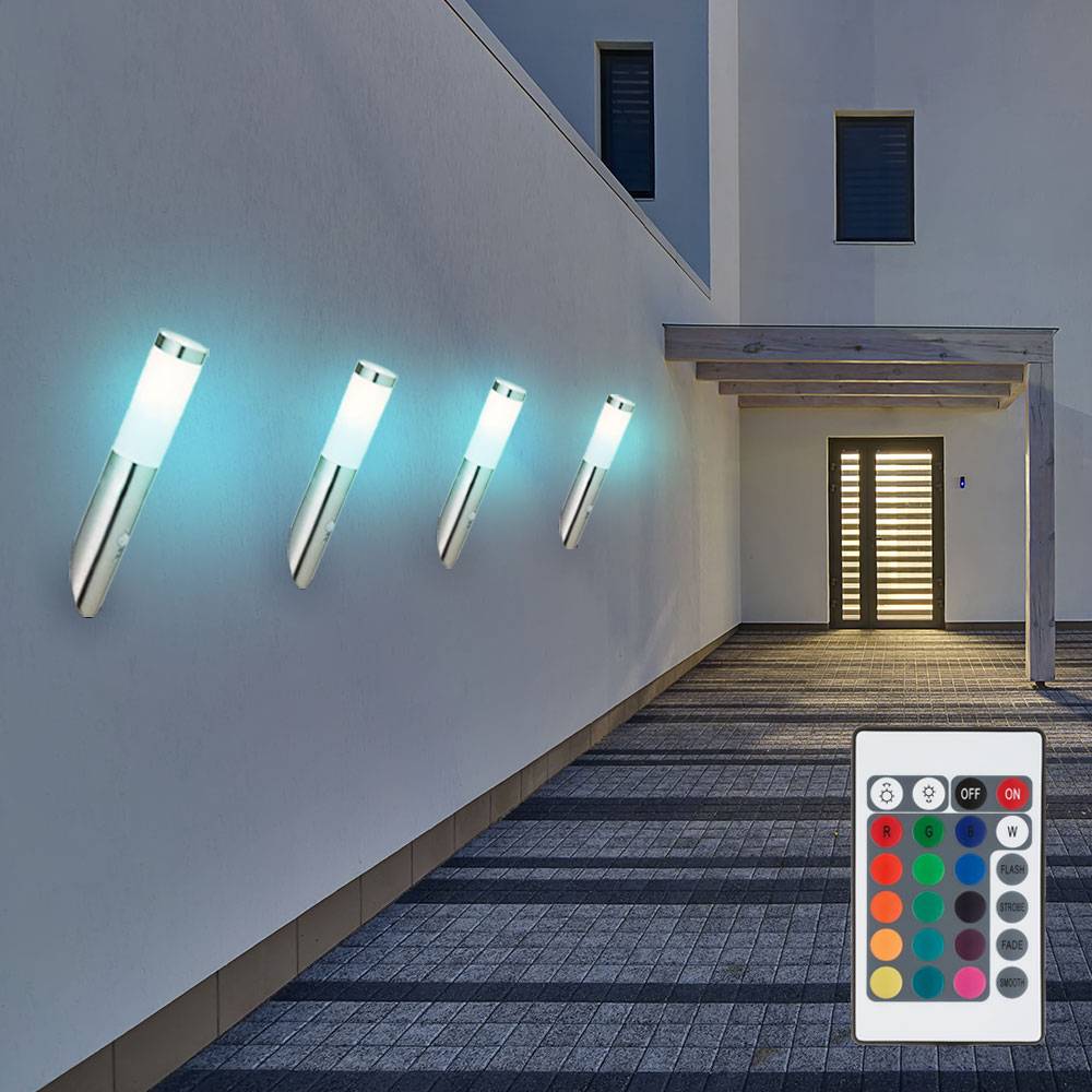 Wandleuchte Edelstahl Wandfackel Außen Hauswandleuchte Bewegungsmelder, Fernbedienung dimmbar, 1x RGB LED 8,5W 806Lm warmweiß, DxH 7,6x40cm, 4er Set