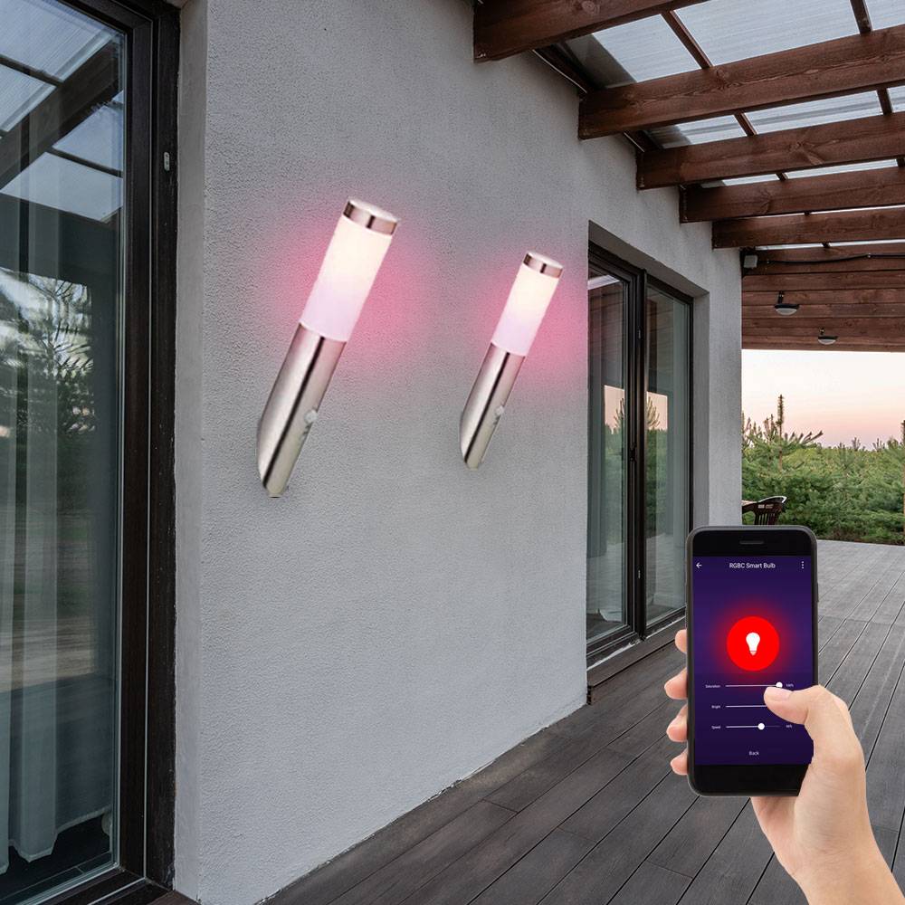 Wandleuchte Edelstahl Wandfackel Außen Hauswandleuchte Bewegungsmelder, App-Sprachsteuerung dimmbar Timer CCT, IP44, Edelstahl, 1x RGB LED 10W 806Lm