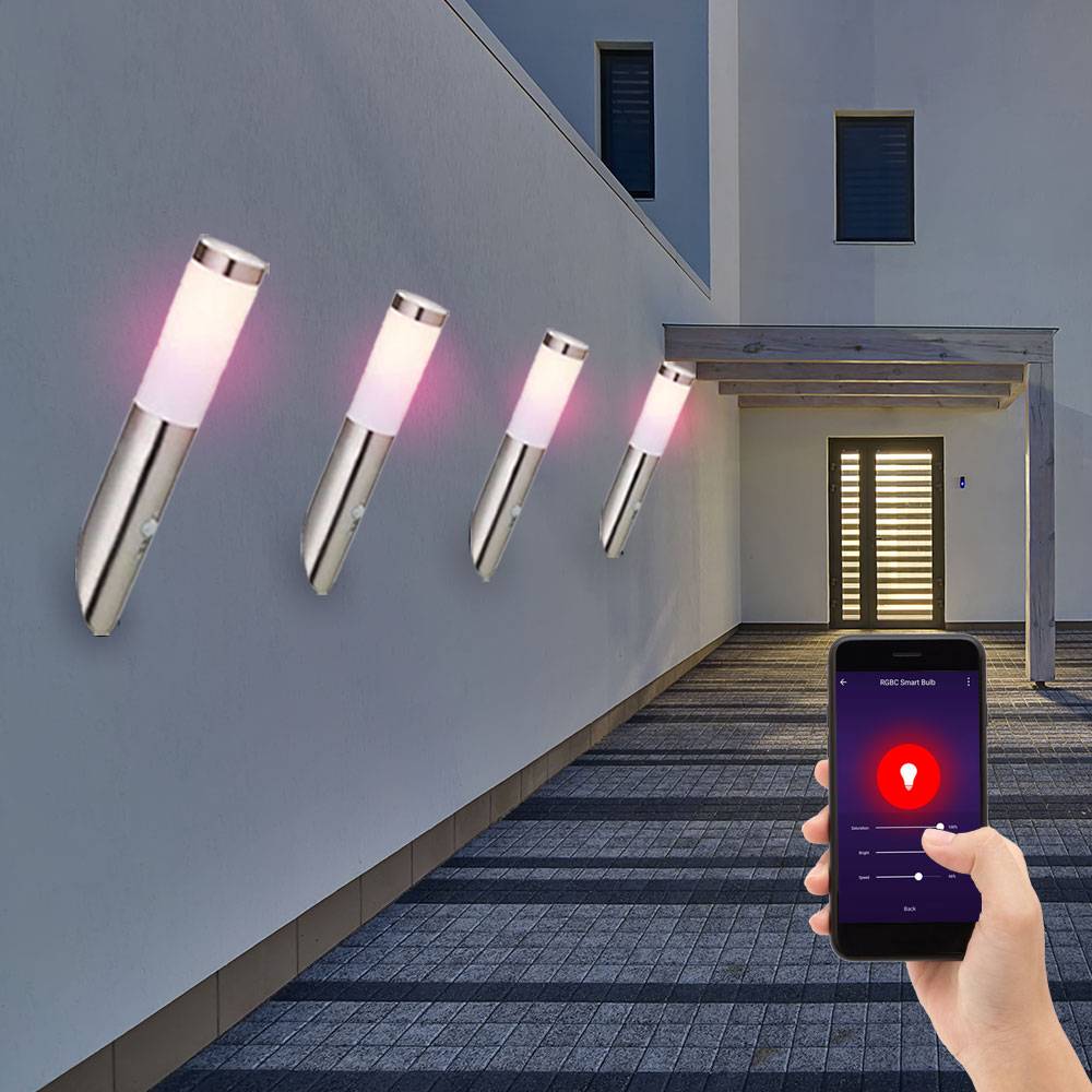 Wandleuchte Edelstahl Wandfackel Außen Hauswandleuchte Bewegungsmelder, App-Sprachsteuerung dimmbar Timer CCT, IP44, Edelstahl, 1x RGB LED 10W 806Lm