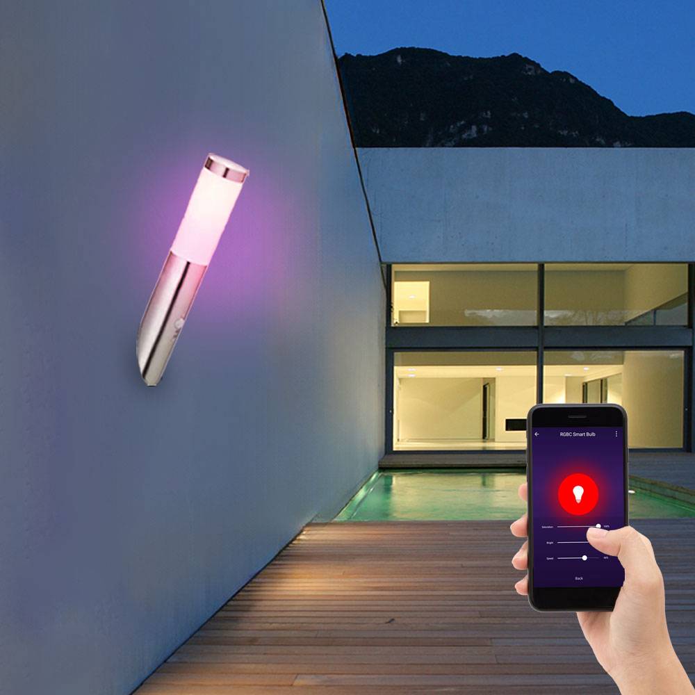Wandleuchte Edelstahl Wandfackel Außen Hauswandleuchte Bewegungsmelder, App-Sprachsteuerung dimmbar Timer CCT, IP44, Edelstahl, 1x RGB LED 10W 806Lm