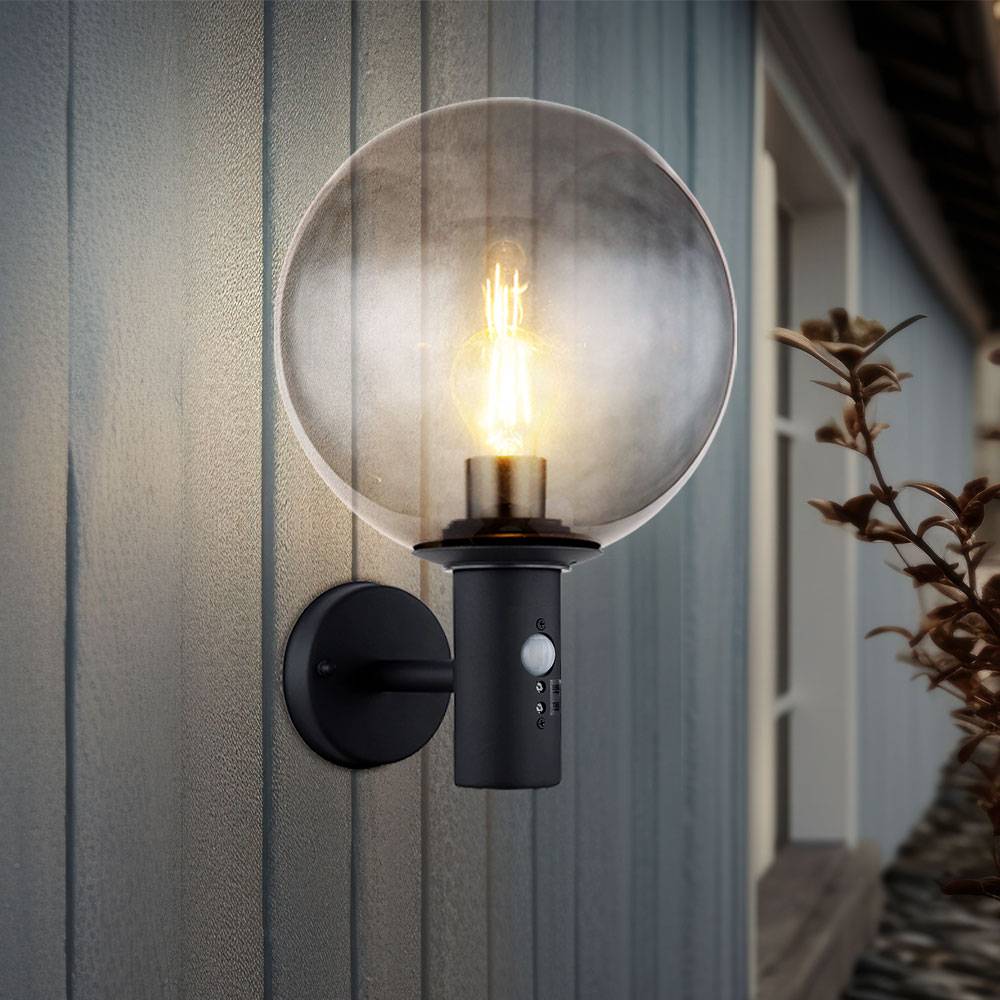 Außenwandleuchte LED Wandlampe mit Bewegungsmelder Fassadenlampe, Edelstahl anthrazit Glaskugel rauch, 7W 806lm warmweiß, LxBxH 26,5x25x37 cm
