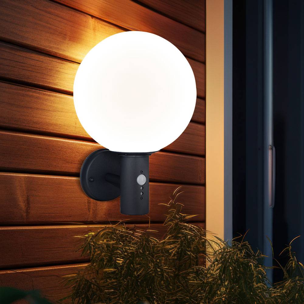 Wandlampe mit Bewegungsmelder Außenleuchte Anthrazit Kugellampe Sensor LED Hauswandleuchte, Glas Edelstahl, App Steuerung CCT, Smart RGB LED 8,5W