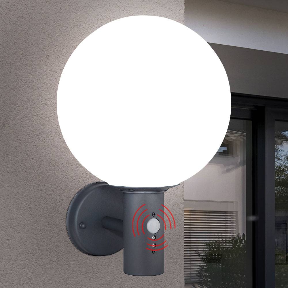 Wandlampe Außenleuchte Anthrazit Kugellampe wetterfest LED Hauswandleuchte, Bewegungsmelder Glas Edelstahl, LED 7W 806lm 2700K warmweiß, DxH 25x37