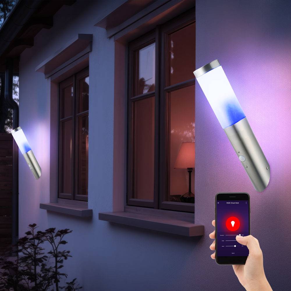 Wandleuchte Edelstahl Wandfackel Außen Hauswandleuchte Bewegungsmelder, App-Sprachsteuerung dimmbar Timer CCT, IP44, Edelstahl, 1x RGB LED 10W 806Lm
