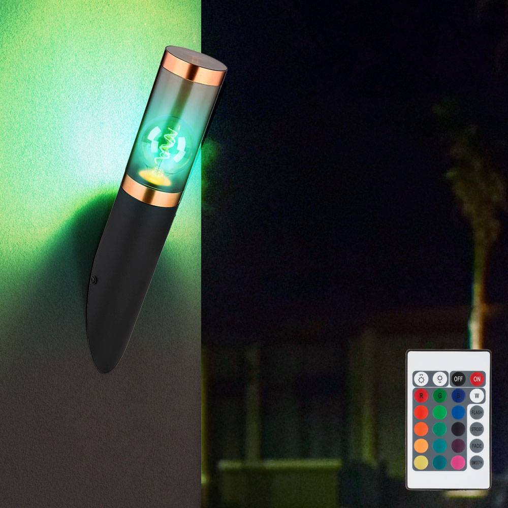 Wandleuchte dimmbar mit Fernbedienung LED Außenwandlampe Garten kupfer rauch Wandlampe Fackel Aussen, RGB Farbwechsel, schwarz rauch, 8,5W 806lm