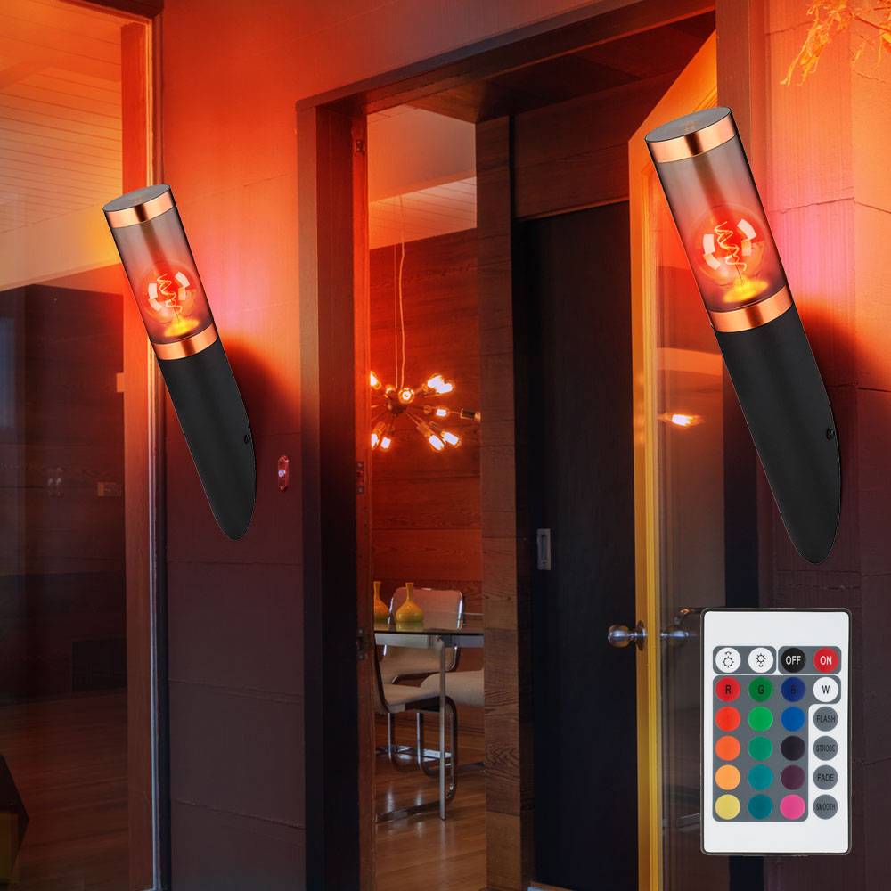 Wandleuchte dimmbar mit Fernbedienung LED Außenwandlampe Garten kupfer rauch Wandlampe Fackel Aussen, RGB Farbwechsel, schwarz rauch, 8,5W 806lm