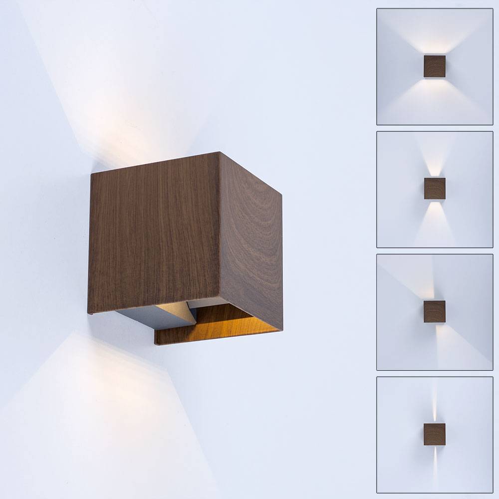 Außenlampe braun Wandstrahler modern Hauswandleuchte, LED Up&Down Strahler Holzoptik Wandlampe, Alu, 2x LED 3W 290lm 3000K warmweiß, LxBxH 10x10x10