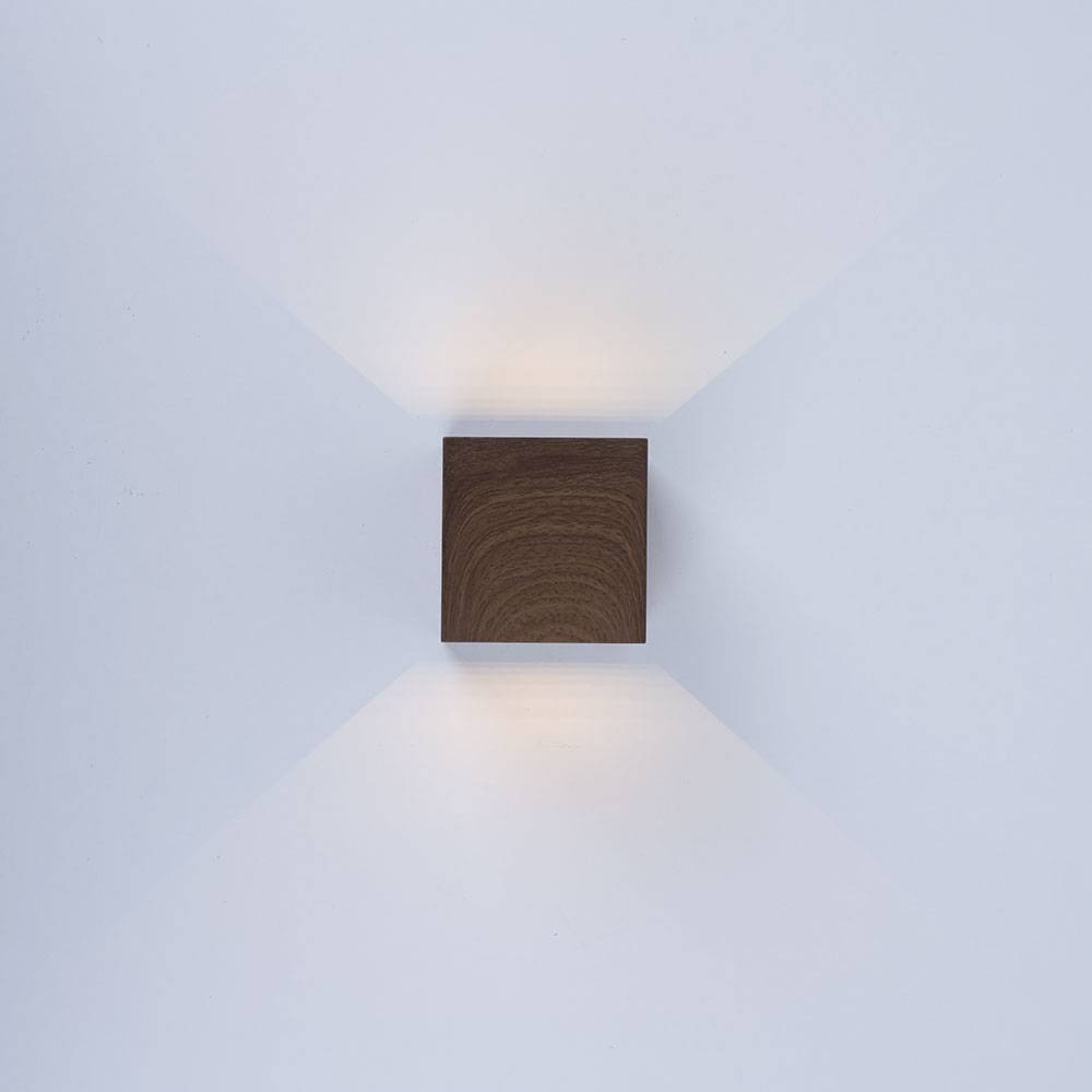 Außenlampe braun Wandstrahler modern Hauswandleuchte, LED Up&Down Strahler Holzoptik Wandlampe, Alu, 2x LED 3W 290lm 3000K warmweiß, LxBxH 10x10x10