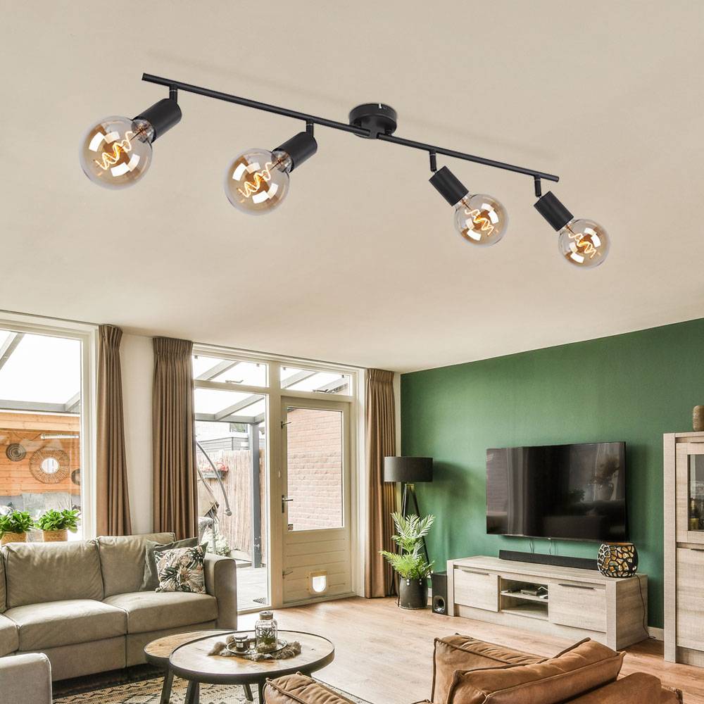 Deckenleuchte Deckenlampe Spotlampe Deckenstrahler Wohnzimmer, 4 flammig Spots beweglich, Metall schwarz, 4x E27 Fassungen, LxBxH 80x8,5x15,5cm