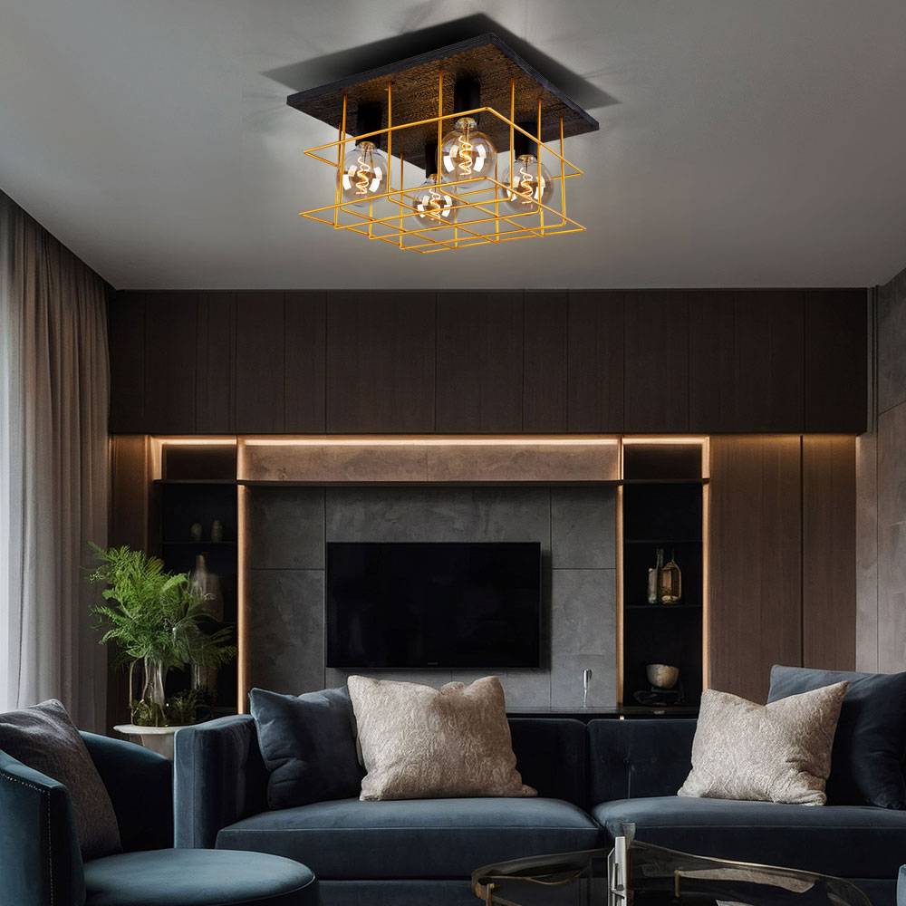 Deckenleuchte 4 flammig Deckenlampe Industriell Holz Spotleuchte E27, Holzoptik schwarz Metallgitter goldfarben, LxBxH 40x40x26cm