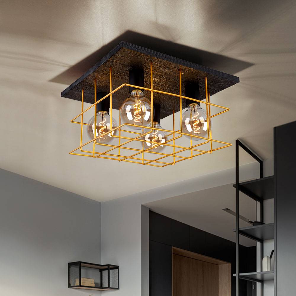 Deckenleuchte 4 flammig Deckenlampe Industriell Holz Spotleuchte E27, Holzoptik schwarz Metallgitter goldfarben, LxBxH 40x40x26cm