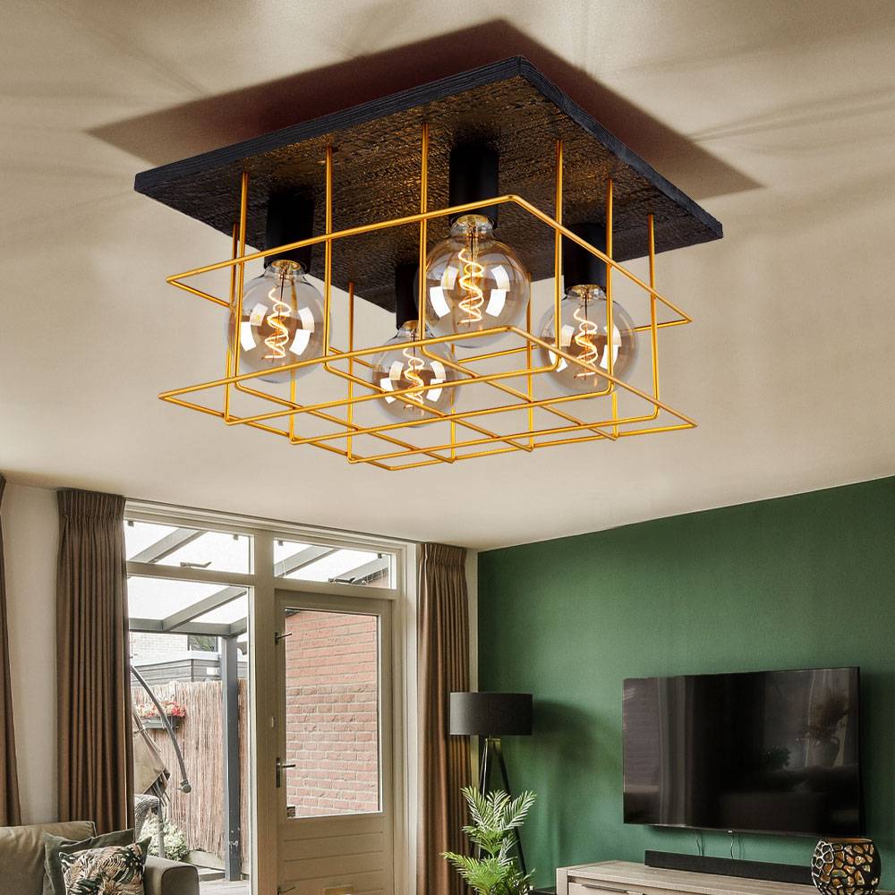 Deckenleuchte 4 flammig Deckenlampe Industriell Holz Spotleuchte E27, Holzoptik schwarz Metallgitter goldfarben, LxBxH 40x40x26cm