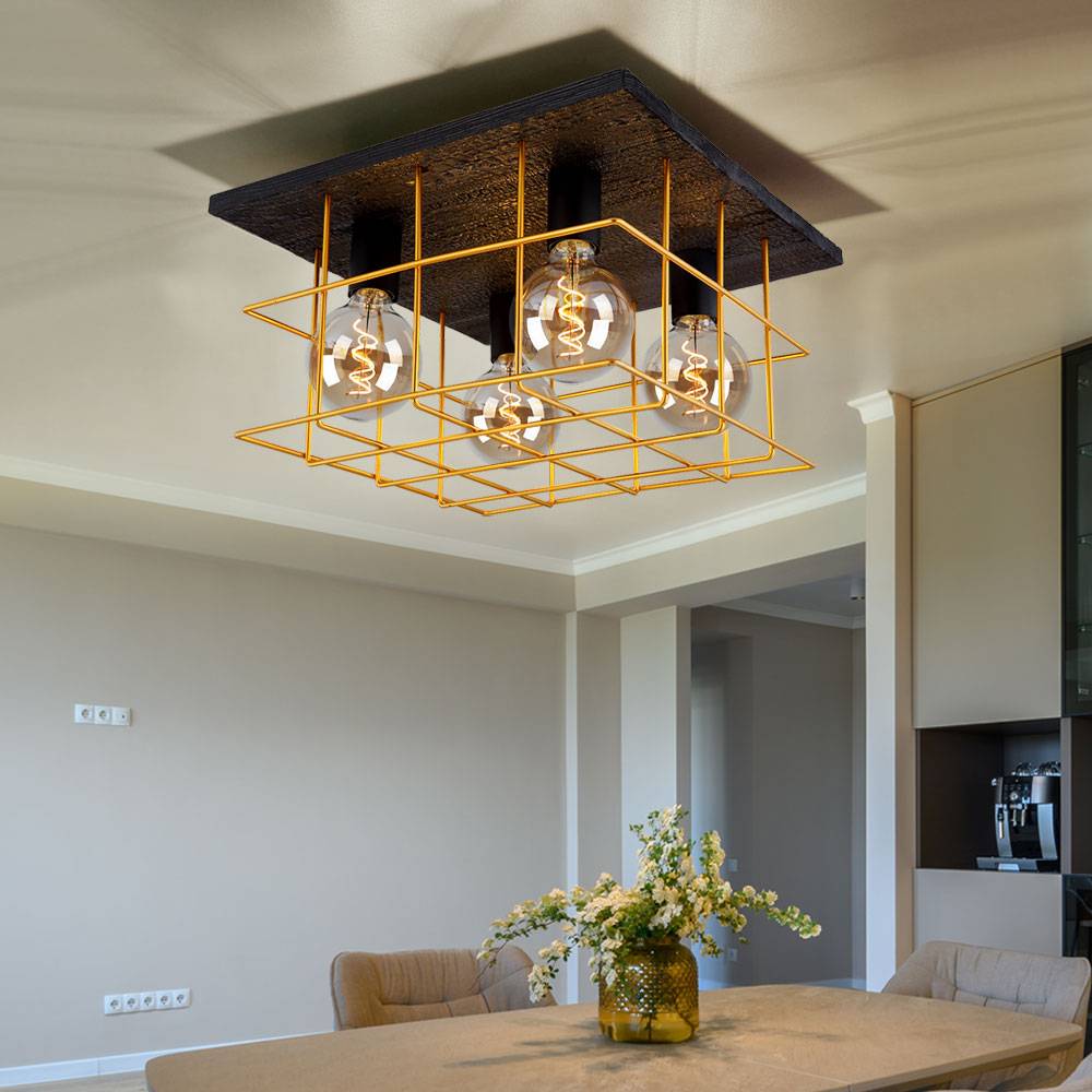 Deckenleuchte 4 flammig Deckenlampe Industriell Holz Spotleuchte E27, Holzoptik schwarz Metallgitter goldfarben, LxBxH 40x40x26cm