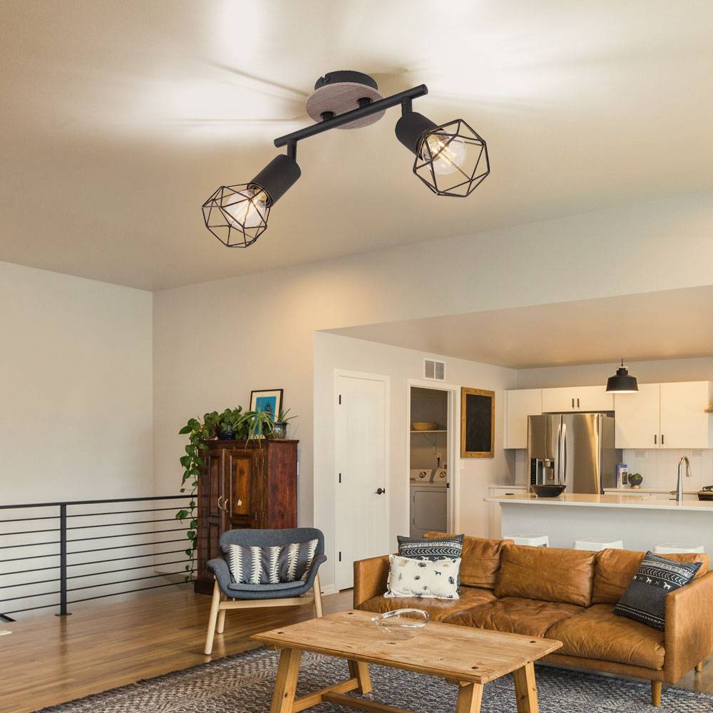 Deckenlampe schwarz Wohnzimmerleuchte modern Deckenstrahler Holz, Spotleiste 2-flammig Strahler verstellbar, Metall matt, 2x E14, LxBxH 22x10x18 cm