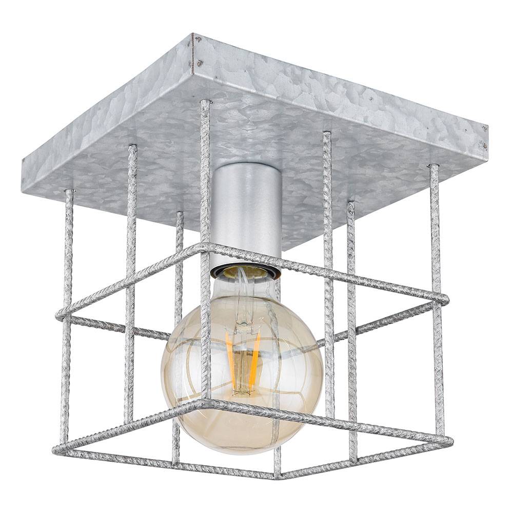 Deckenleuchte 1 flammig Deckenlampe Wohnzimmer Industriell Holz Spotleuchte E27, Metallgitter zinkfarben, 1x E27 Fassung, LxBxH 20x20x20 cm