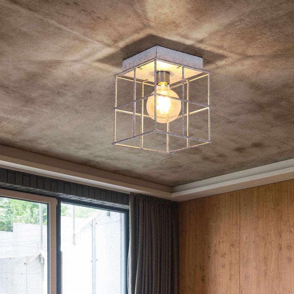 Deckenleuchte 1 flammig Deckenlampe Wohnzimmer Industriell Holz Spotleuchte E27, Metallgitter zinkfarben, 1x E27 Fassung, LxBxH 20x20x20 cm