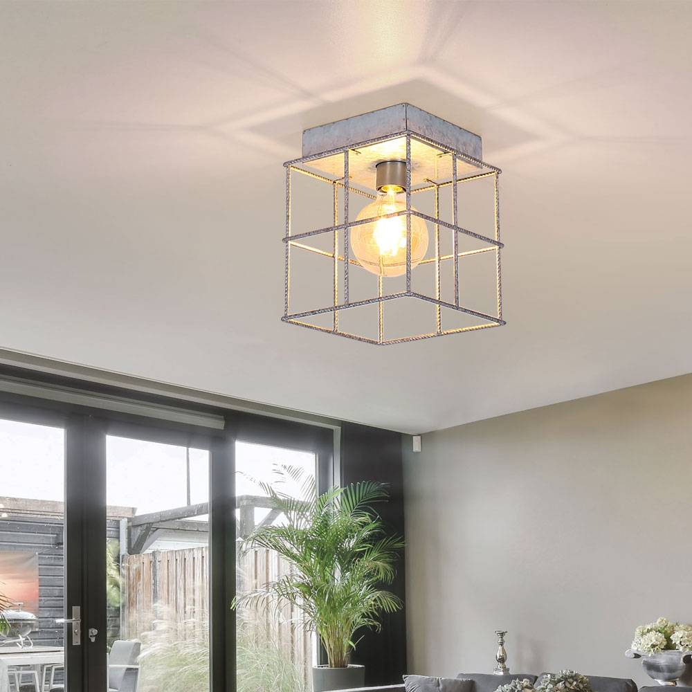 Deckenleuchte 1 flammig Deckenlampe Wohnzimmer Industriell Spotleuchte E27, Metallgitter zinkfarben, 1x E27 Fassung, LxBxH 20x20x20 cm, 2er Set