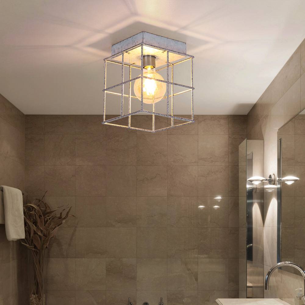 Deckenleuchte 1 flammig Deckenlampe Wohnzimmer Industriell Holz Spotleuchte E27, Metallgitter zinkfarben, 1x E27 Fassung, LxBxH 20x20x20 cm