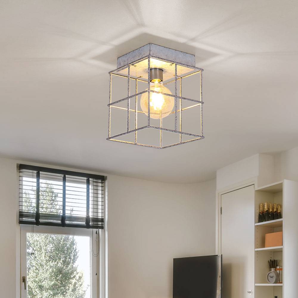 Deckenleuchte 1 flammig Deckenlampe Wohnzimmer Industriell Holz Spotleuchte E27, Metallgitter zinkfarben, 1x E27 Fassung, LxBxH 20x20x20 cm