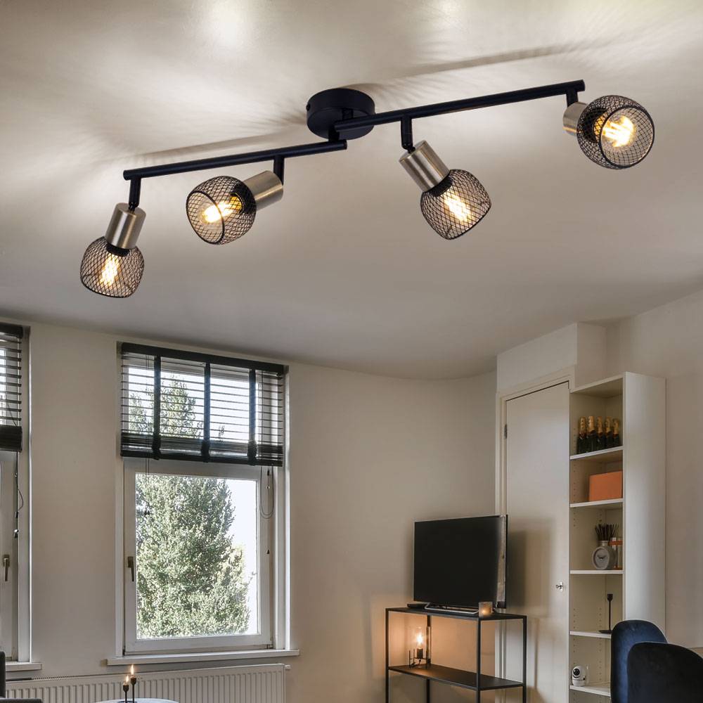 Deckenleuchte Wohnzimmerlampe Deckenstrahler Spotleiste 4-flammig Gitterschirme, Metall, schwarz gold, 4x E14 Fassungen, LxBxH 60x8x15 cm