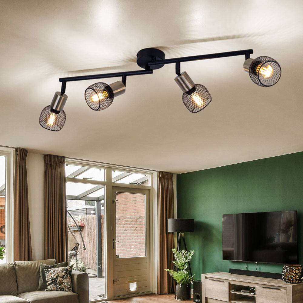Deckenleuchte Wohnzimmerlampe Deckenstrahler Spotleiste 4-flammig Gitterschirme, Metall, schwarz gold, 4x E14 Fassungen, LxBxH 60x8x15 cm