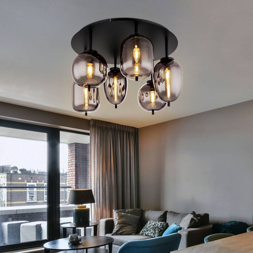 Deckenleuchte Deckenlampe Esszimmerlampe Glas rauchfarben 6 flammig, Metall schwarz, 6x E14 Fassungen, DxH 65x38cm