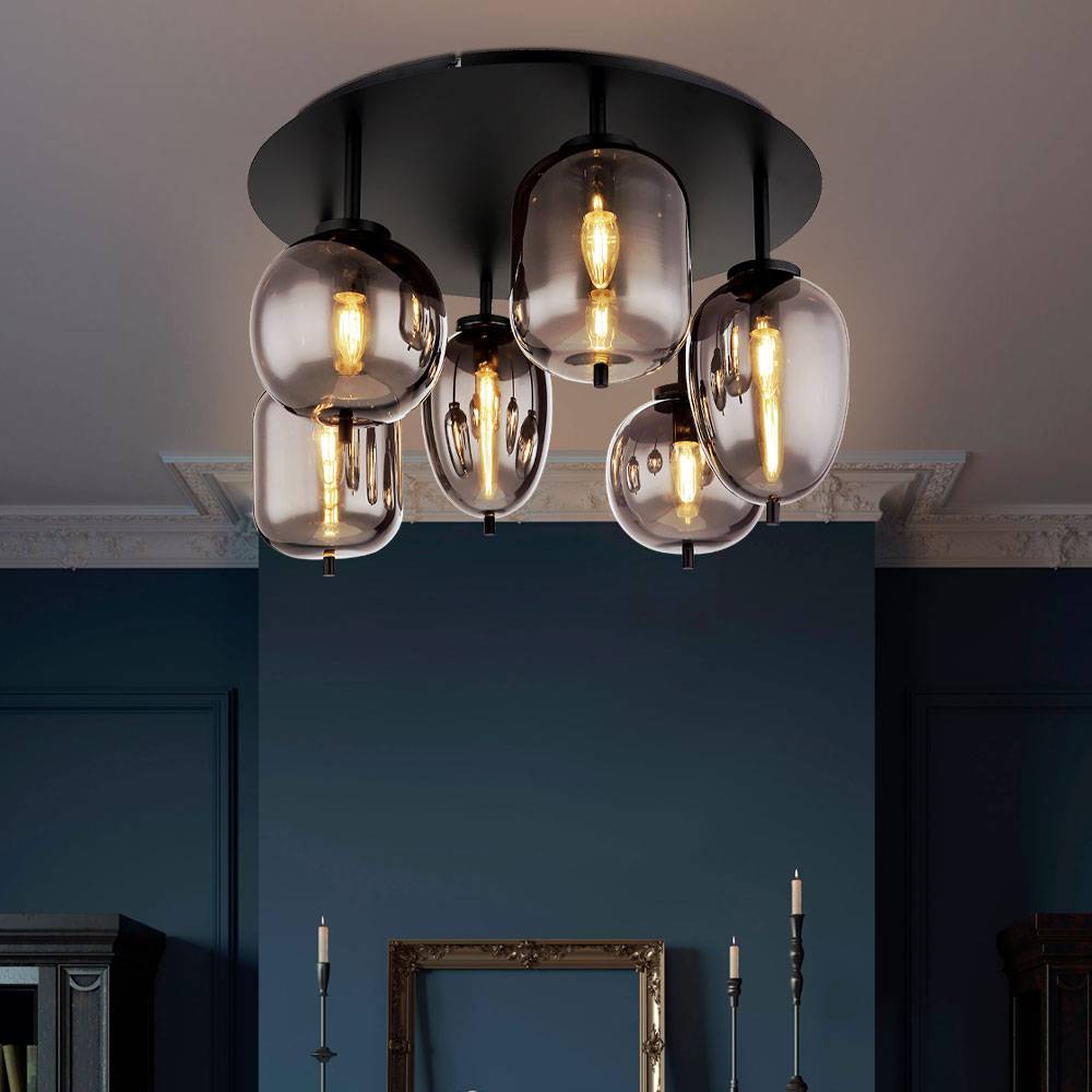 Deckenleuchte Deckenlampe Esszimmerlampe Glas rauchfarben 6 flammig, Metall schwarz, 6x E14 Fassungen, DxH 65x38cm