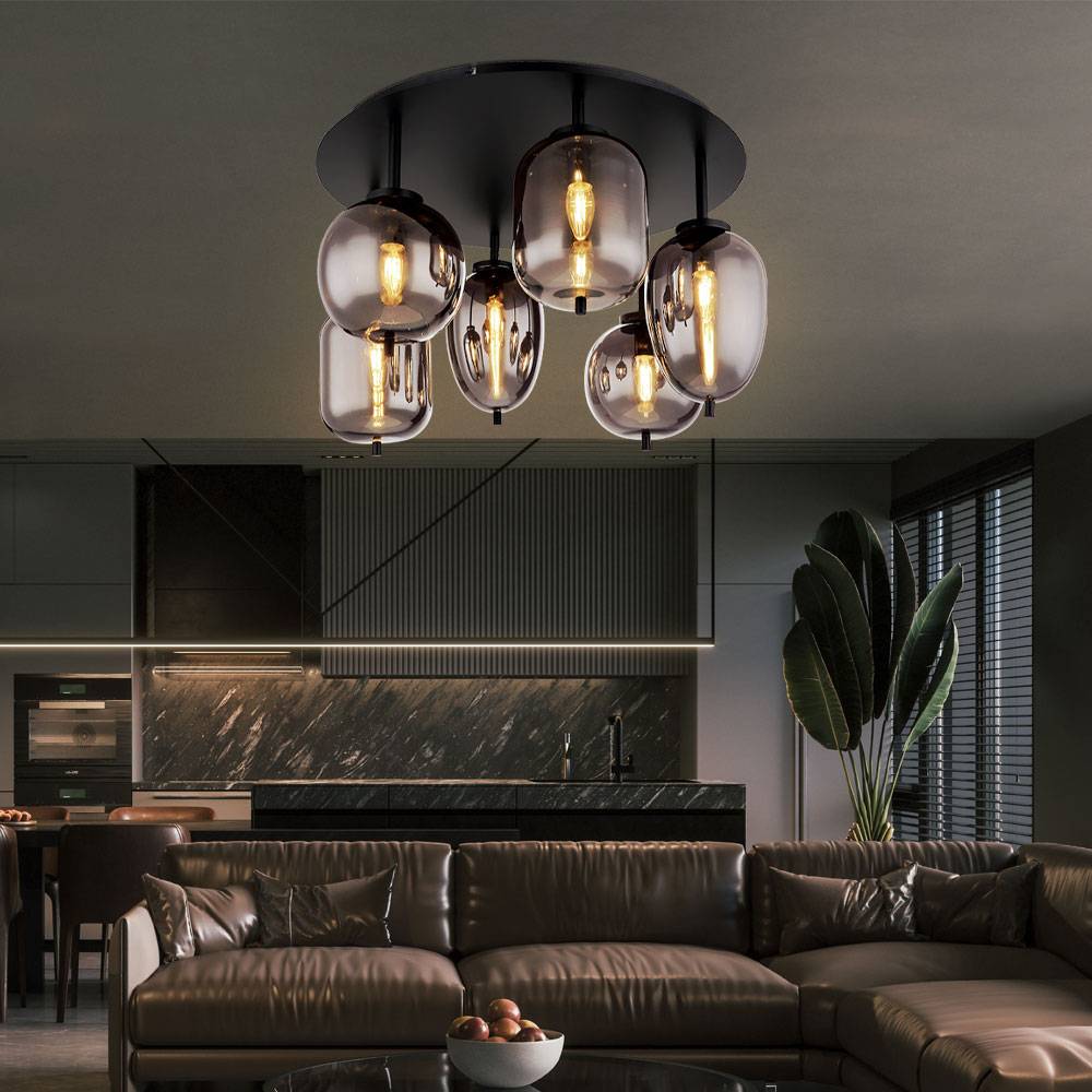 Deckenleuchte Deckenlampe Esszimmerlampe Glas rauchfarben 6 flammig, Metall schwarz, 6x E14 Fassungen, DxH 65x38cm