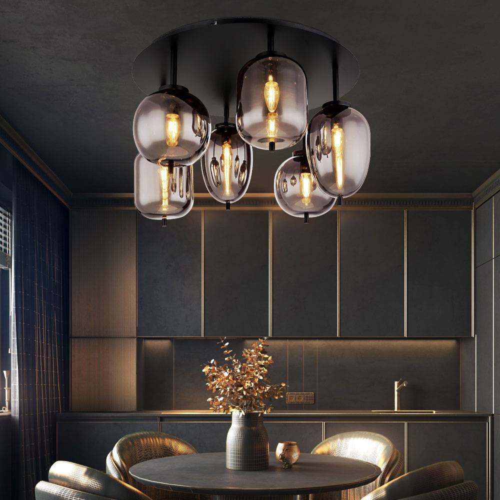 Deckenleuchte Deckenlampe Esszimmerlampe Glas rauchfarben 6 flammig, Metall schwarz, 6x E14 Fassungen, DxH 65x38cm