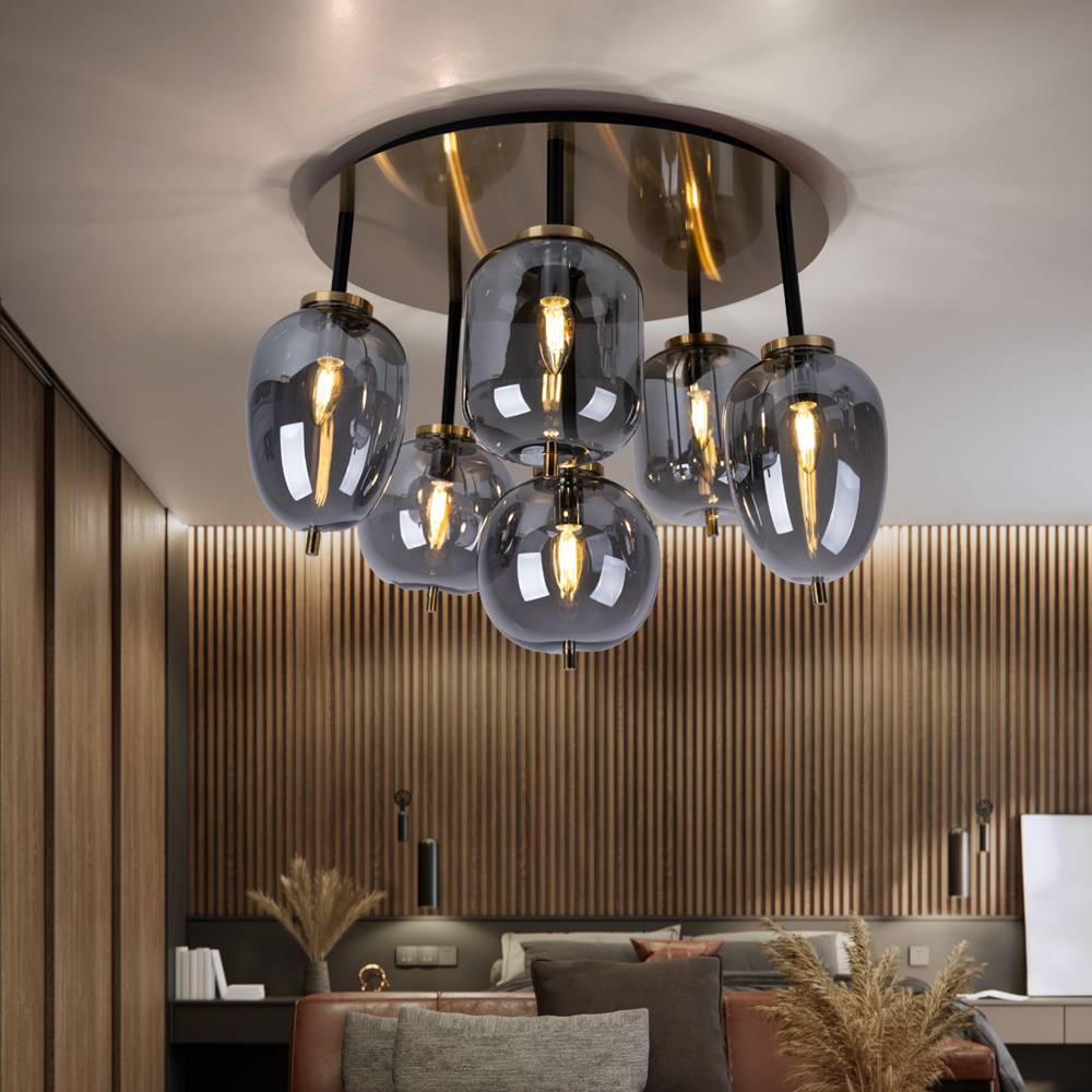 Deckenlampe Deckenleuchte Wohnzimmerlampe Esszimmerleuchte, 6 flammig, Metall messing Glas rauchfarben, 6x E14 Fassungen, DxH 65x38cm