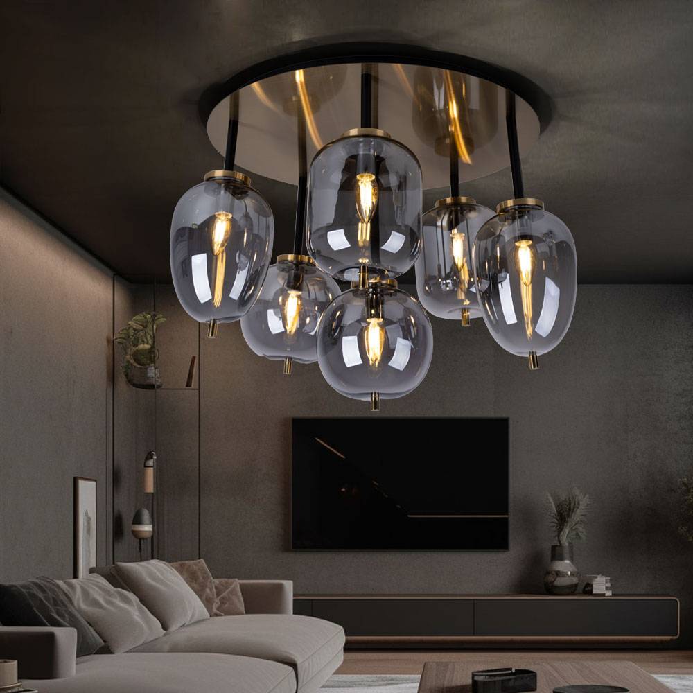 Deckenlampe Deckenleuchte Wohnzimmerlampe Esszimmerleuchte, 6 flammig, Metall messing Glas rauchfarben, 6x E14 Fassungen, DxH 65x38cm