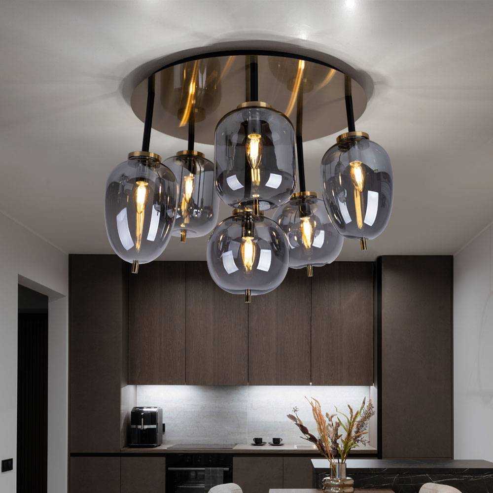 Deckenlampe Deckenleuchte Wohnzimmerlampe Esszimmerleuchte, 6 flammig, Metall messing Glas rauchfarben, 6x E14 Fassungen, DxH 65x38cm