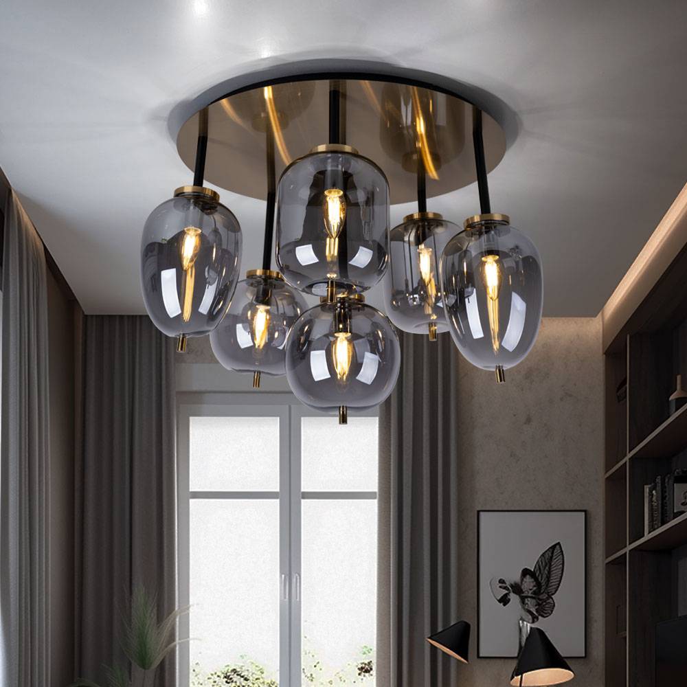 Deckenlampe Deckenleuchte Wohnzimmerlampe Esszimmerleuchte, 6 flammig, Metall messing Glas rauchfarben, 6x E14 Fassungen, DxH 65x38cm