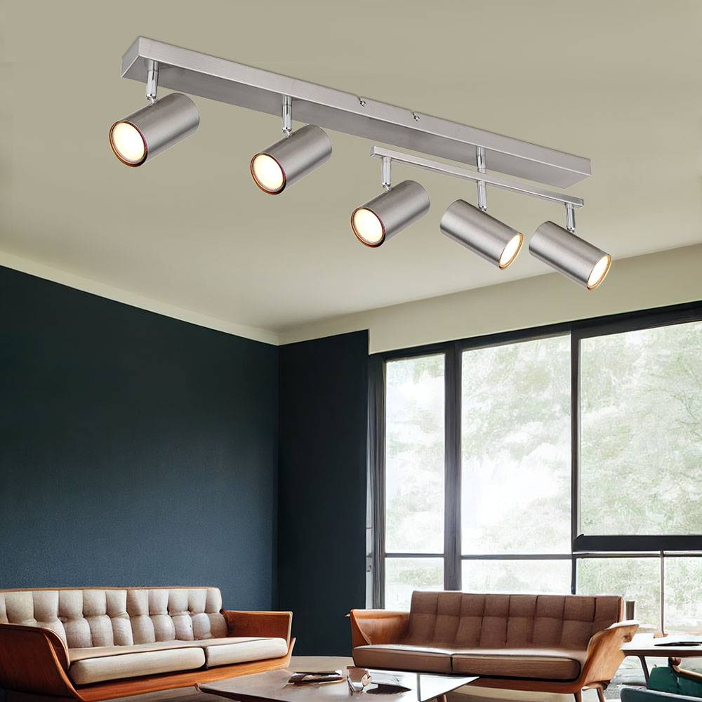 Deckenstrahler silber Spot Deckenleuchte Spotleiste 5 flammig, Metall verchromt skandinavisch, 5x GU10 Fassungen, LxBxH 70x35x17cm