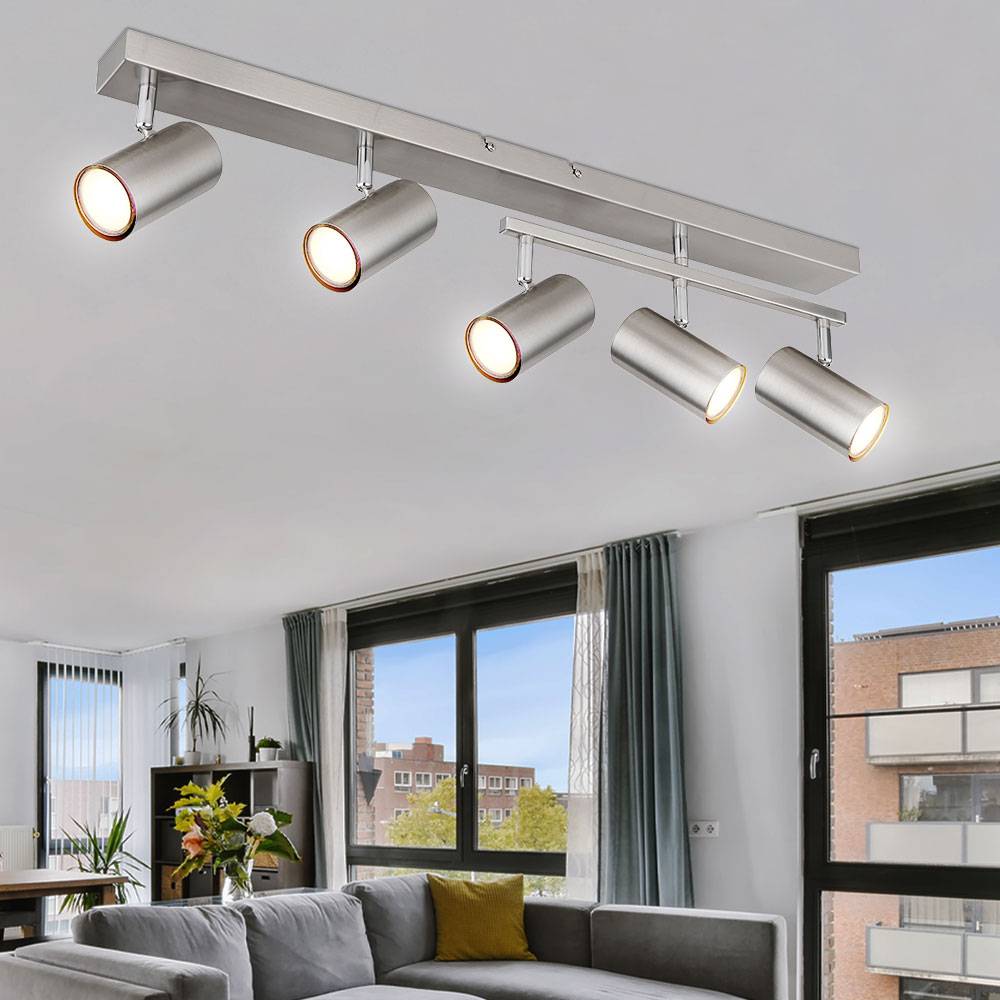 Deckenstrahler silber Spot Deckenleuchte Spotleiste 5 flammig, Metall verchromt skandinavisch, 5x GU10 Fassungen, LxBxH 70x35x17cm
