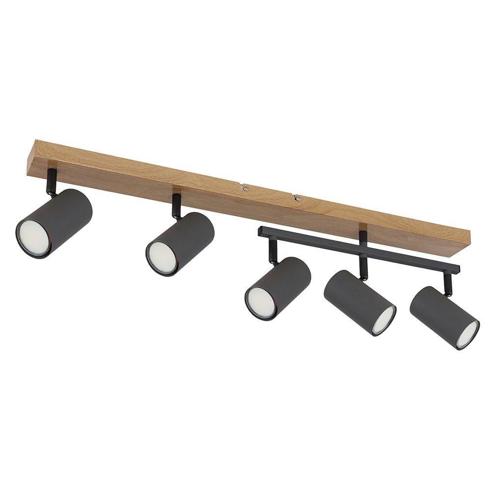 Deckenleuchte Spots Holzoptik Wohnzimmer GU10 5 Flammig drehbar Deckenlampe schwenkbar, Metall schwarz graphit, 5x GU10, LxBxH 70x35x17 cm