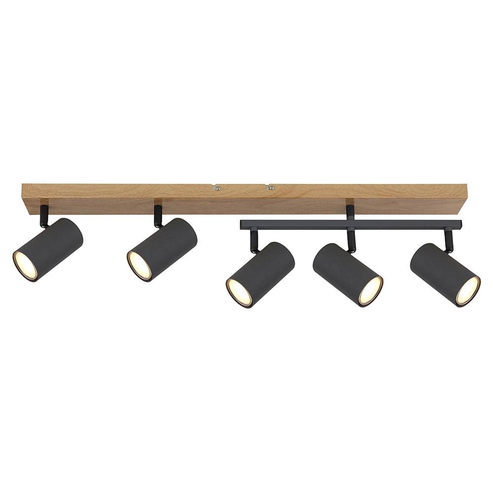 Deckenleuchte Spots Holzoptik Wohnzimmer GU10 5 Flammig drehbar Deckenlampe schwenkbar, Metall schwarz graphit, 5x GU10, LxBxH 70x35x17 cm