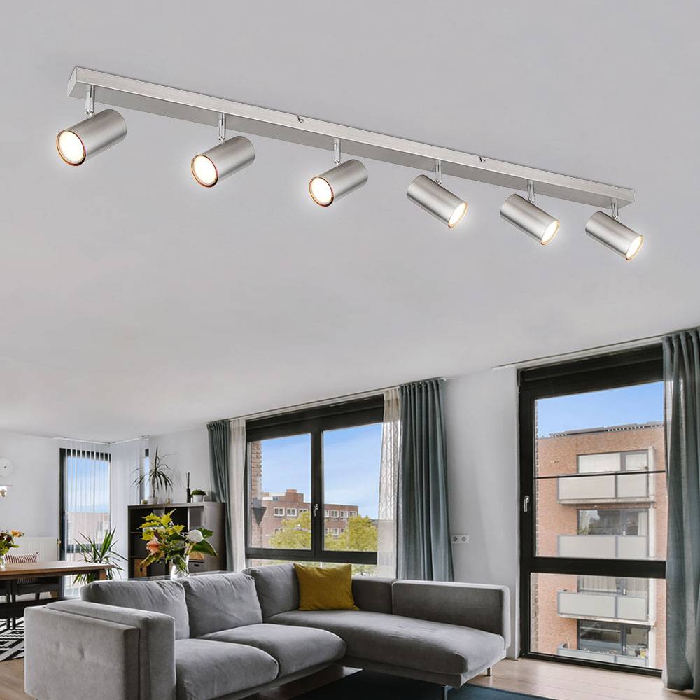 Deckenstrahler silber Spot Deckenleuchte Spotleiste 6 flammig, Metall verchromt skandinavisch, 6x GU10 Fassungen, LxBxH 115x6x12cm