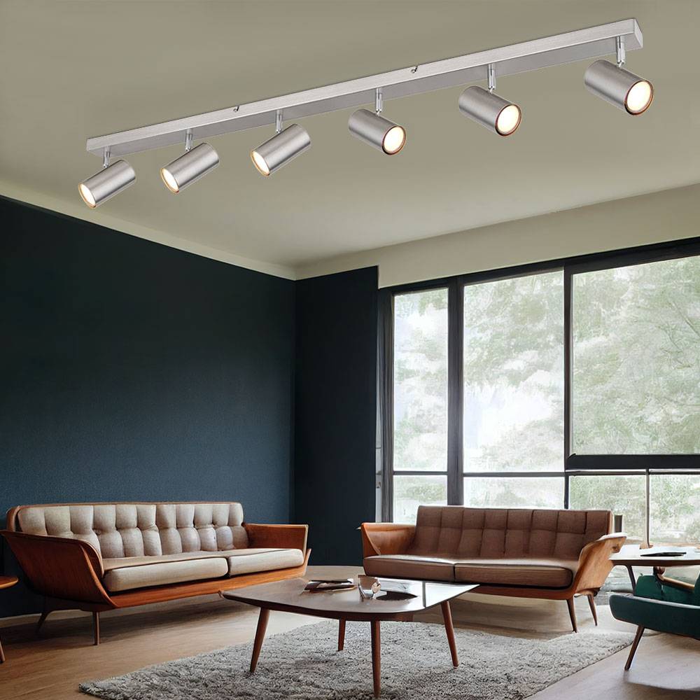 Deckenstrahler silber Spot Deckenleuchte Spotleiste 6 flammig, Metall verchromt skandinavisch, 6x GU10 Fassungen, LxBxH 115x6x12cm