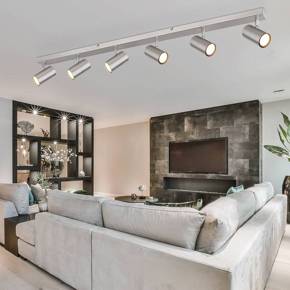 Deckenstrahler silber Spot Deckenleuchte Spotleiste 6 flammig, Metall verchromt skandinavisch, 6x GU10 Fassungen, LxBxH 115x6x12cm