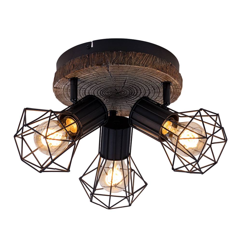 Deckenleuchte Deckenlampe Spotleuchte Wohnzimmerlampe Schlafzimmer, Spots beweglich 3 flammig, Vintage Metall Holzoptik schwarz, 3x E27 Fassungen