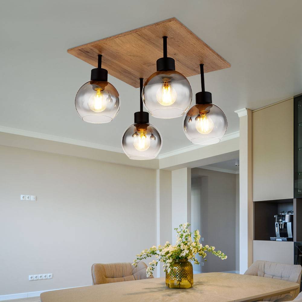 Deckenlampe Esstisch Retro Deckenleuchte rustikal Landhaus Deckenlampe Wohnzimmer Holz, MDF Glas rauch Metall, 4 Flammig E27, LxBxH 40x40x33,5cm
