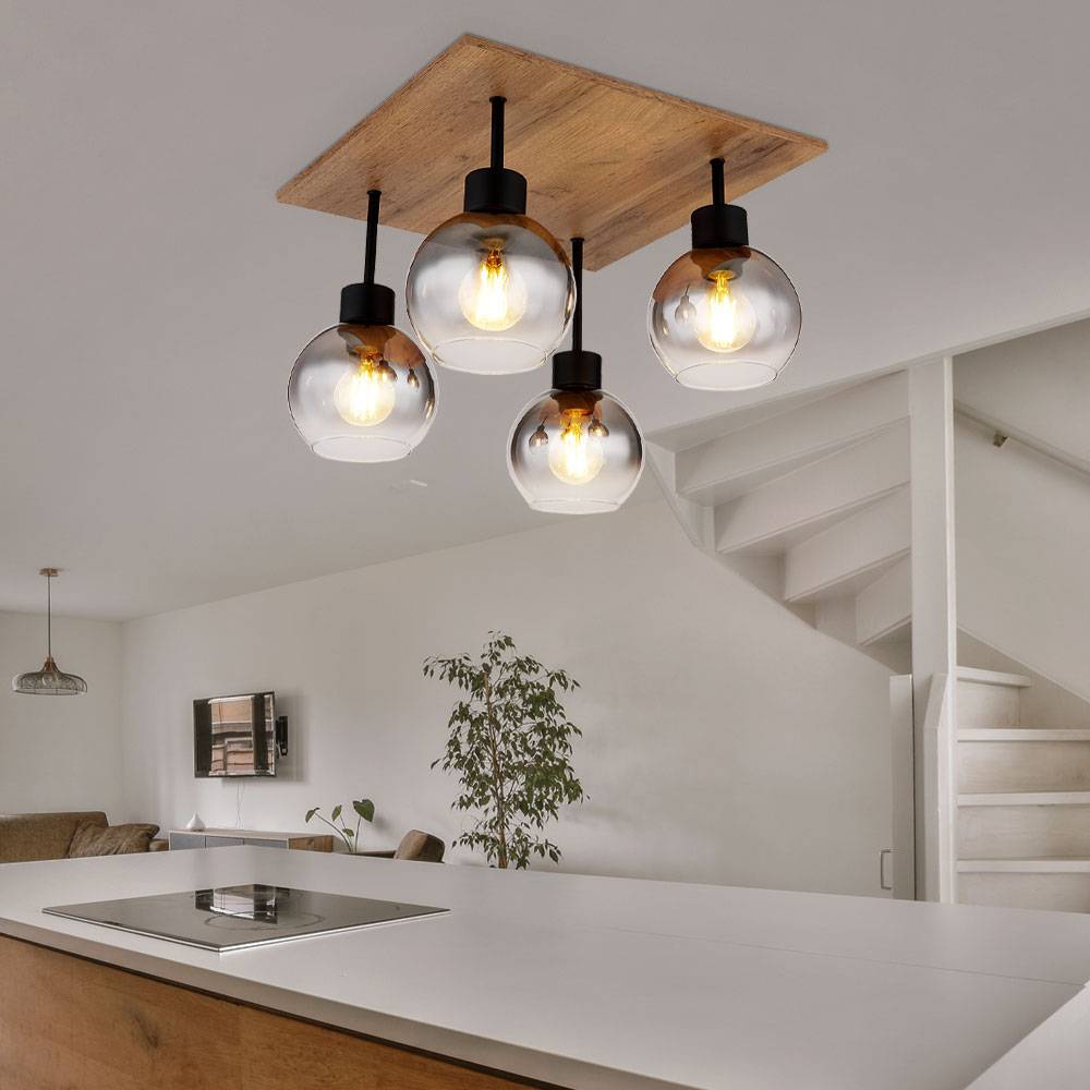 Deckenlampe Esstisch Retro Deckenleuchte rustikal Landhaus Deckenlampe Wohnzimmer Holz, MDF Glas rauch Metall, 4 Flammig E27, LxBxH 40x40x33,5cm