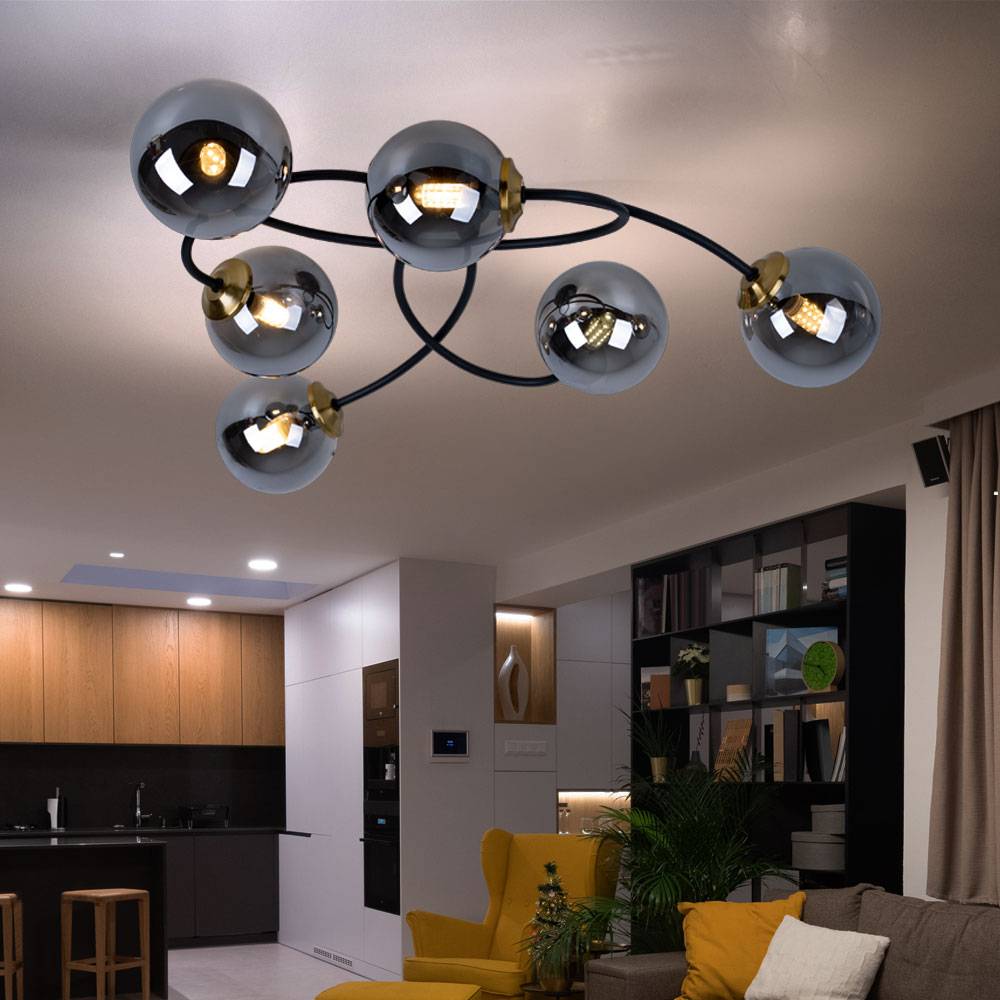 Deckenleuchte Wohnzimmerleuchte 6 Flammig rauch Glas Kugeln Deckenlampe Decke schwarz, Metall, G9 Fassungen, LxBxH 52x45x17,5 cm