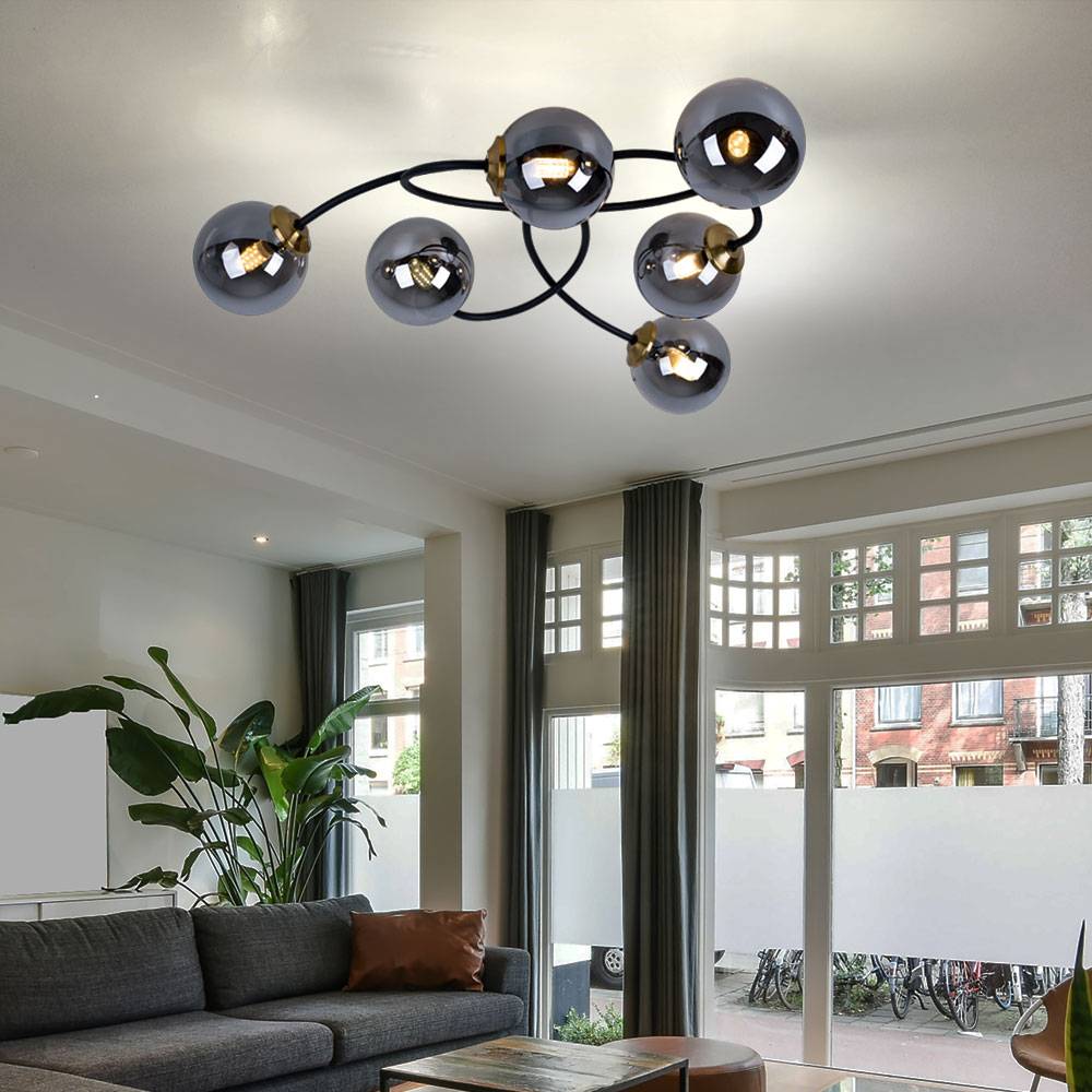 Deckenleuchte Wohnzimmerleuchte 6 Flammig rauch Glas Kugeln Deckenlampe Decke schwarz, Metall, G9 Fassungen, LxBxH 52x45x17,5 cm