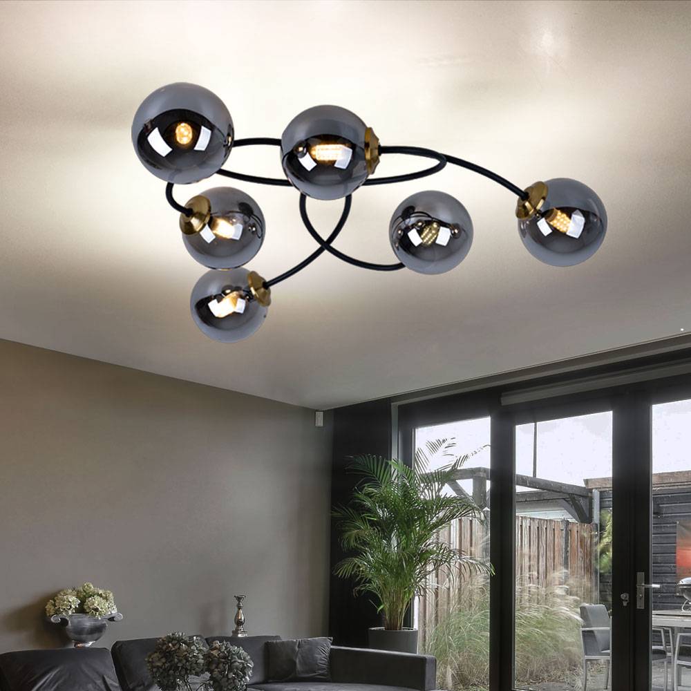 Deckenleuchte 6 Flammig Deckenlampe rauch Glas Kugeln Wohnzimmerleuchte Decke schwarz, Metall, G9 Fassungen, LxBxH 52x45x17,5 cm