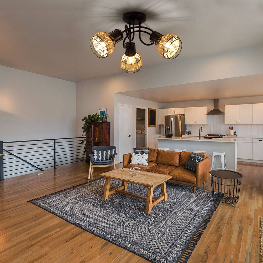 Deckenleuchte Boho Wohnzimmerlampe Deckenlampe 3 flammig, Metall schwarz, Rattan natur, 3x E14, DxH 42 x 22,5 cm